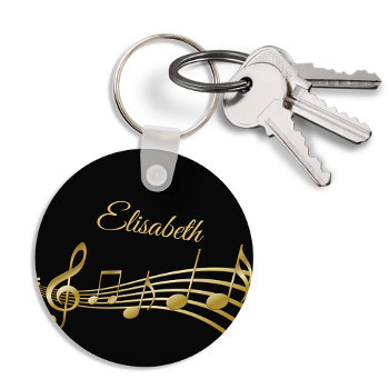 Black Gold Music Notes Monogram Name Keychain by Thunes at Zazzle