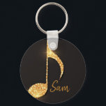 Black gold music notes monogram name  keychain<br><div class="desc">Black gold music notes monogram name keychain
Simple and elegant for a music lover! Black background with faux gold music notes. Template for your name,  golden hand lettered style script.</div>