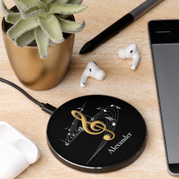 Black Gold Music Notes Monogram Name  Wireless Charger