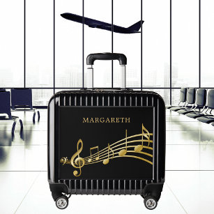 Black gold music notes name luggage