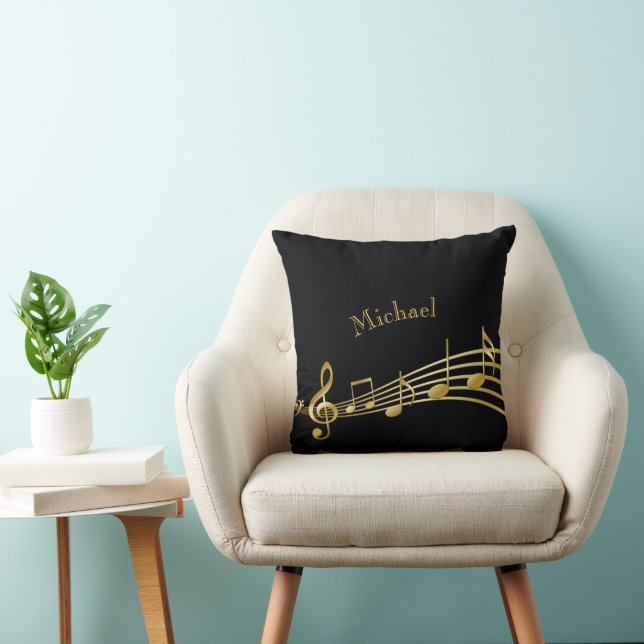 Black gold music notes name throw pillow (Chair)