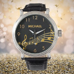 Black gold music notes name watch<br><div class="desc">Simple and elegant for a music lover or musician! Black background with faux gold music notes. Template for your name,  golden letters.  Golden clock numbers.</div>