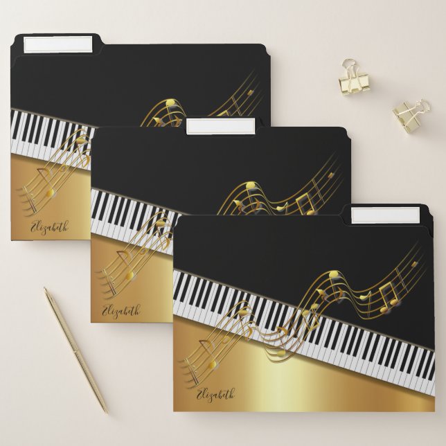 Black Gold Music Notes,Piano Keys-Personalized File Folder (Set)