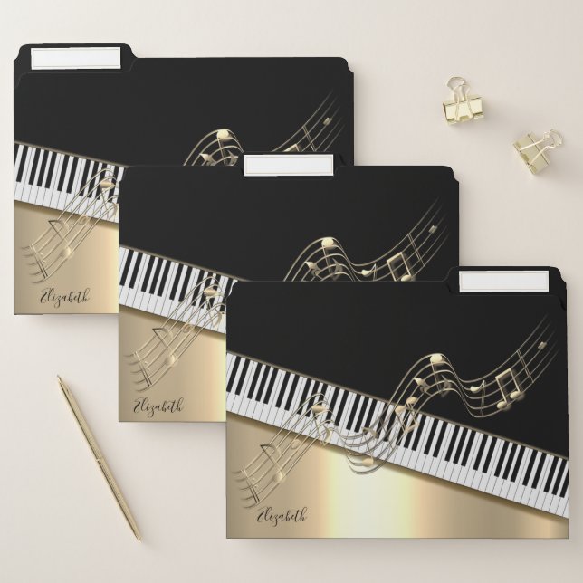 Black Gold Music Notes,Piano Keys-Personalized File Folder (Set)