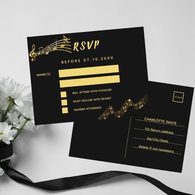 Black gold music notes return address RSVP card (Creator Uploaded)