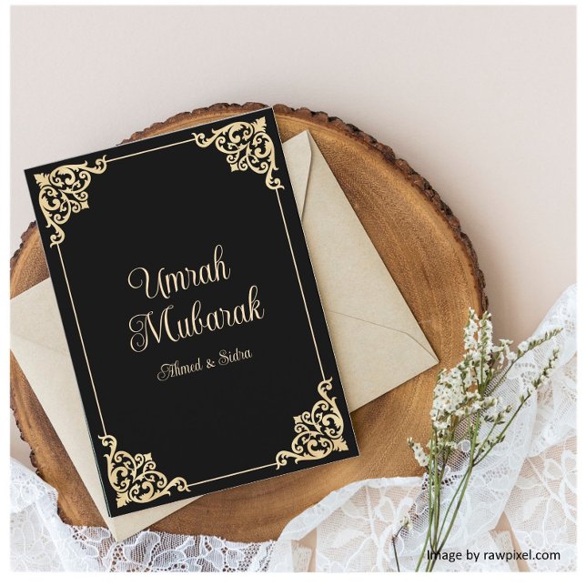 Black Gold Muslim Umrah Mubarak Greeting Card (Creator Uploaded)