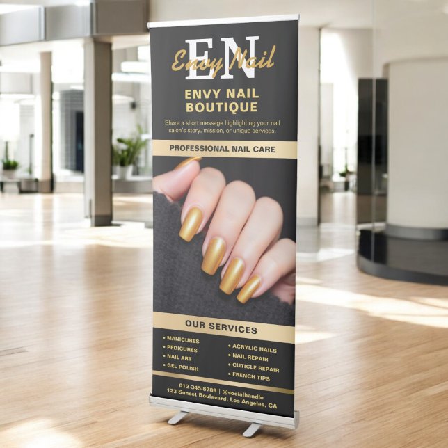 Black Gold Nail Salon Monogram Services Photo Logo Retractable Banner (Creator Uploaded)