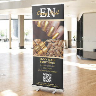 Black Gold Nail Salon QR Code Monogram Photo Retractable Banner