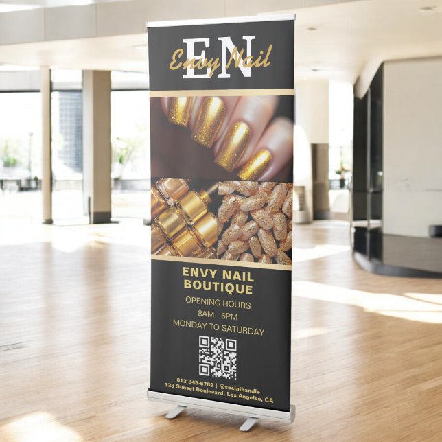 Black Gold Nail Salon QR Code Monogram Photo Retractable Banner (Creator Uploaded)