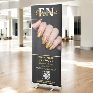 Black Gold Nail Salon QR Code Monogram Photo Retractable Banner