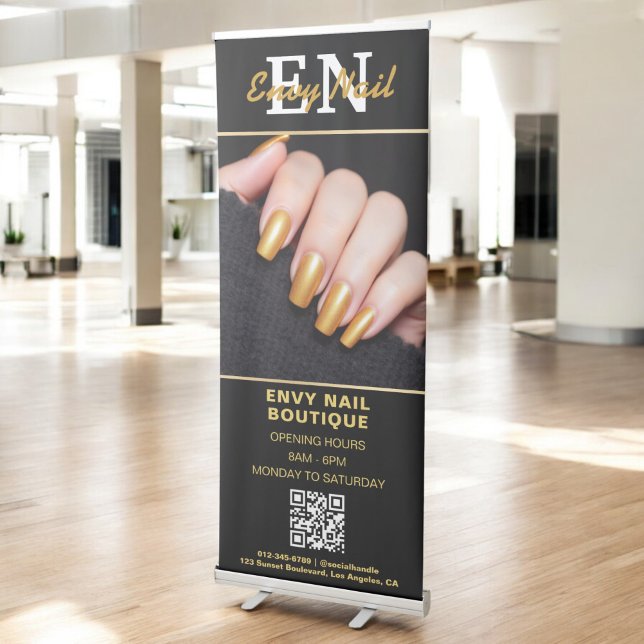 Black Gold Nail Salon QR Code Monogram Photo Retractable Banner (Creator Uploaded)