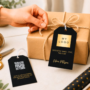 Black gold name business logo QR code hang tag