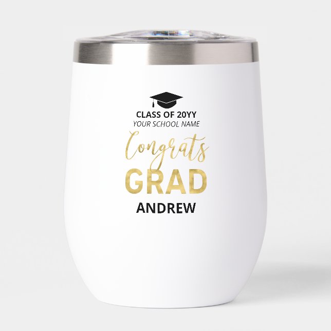 Black & Gold | Name Congrats Grad Graduation Gift Thermal Wine Tumbler (Front)