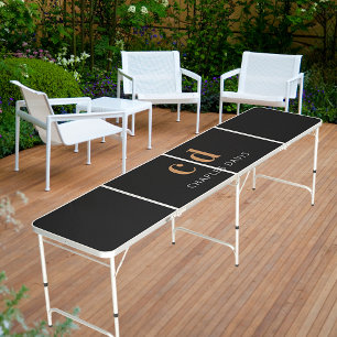 Black gold name monogram initials beer pong table