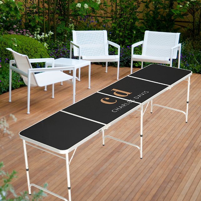 Black gold name monogram initials beer pong table (Creator Uploaded)