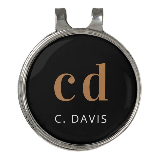 Black gold name monogram initials golf hat clip (Front)
