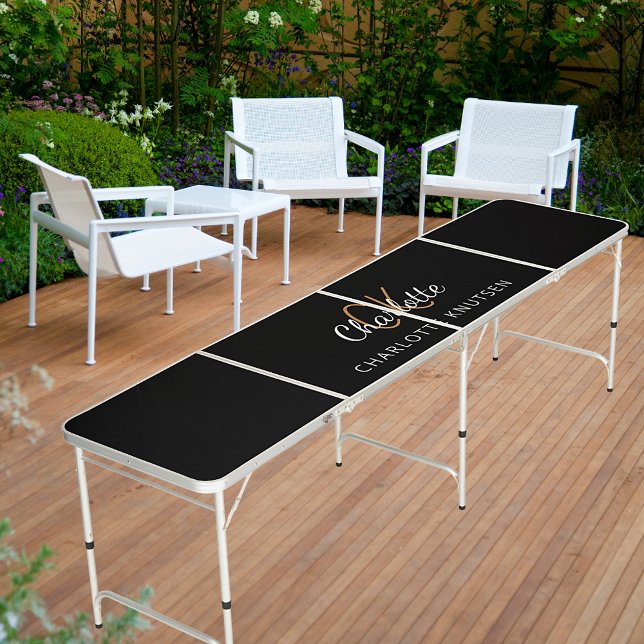 Black gold name monogram initials script beer pong table (Creator Uploaded)