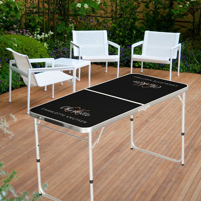 Black gold name monogram initials script beer pong table (Creator Uploaded)