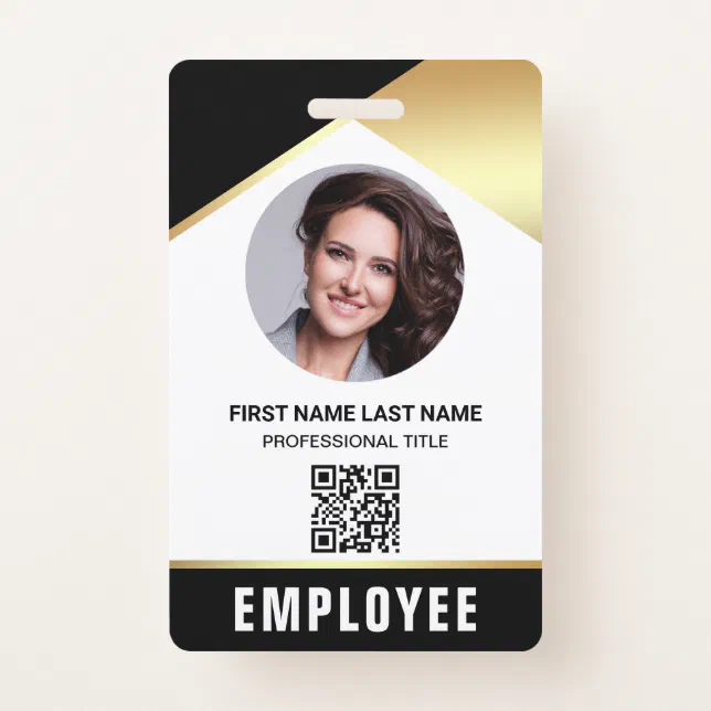 Black Gold Name Photo QR Code Employee ID Card Badge | Zazzle