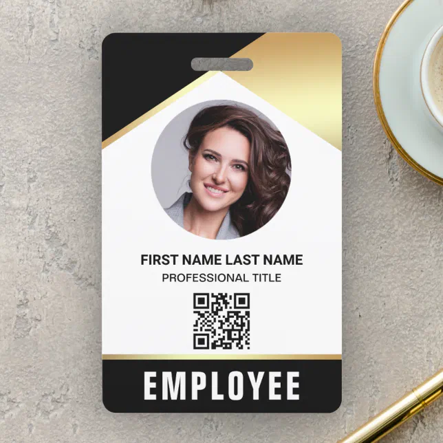 Black Gold Name Photo QR Code Employee ID Card Badge | Zazzle