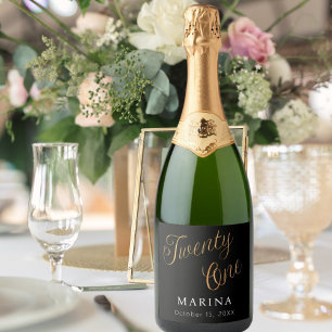 Black gold name script 21st birthday sparkling wine label