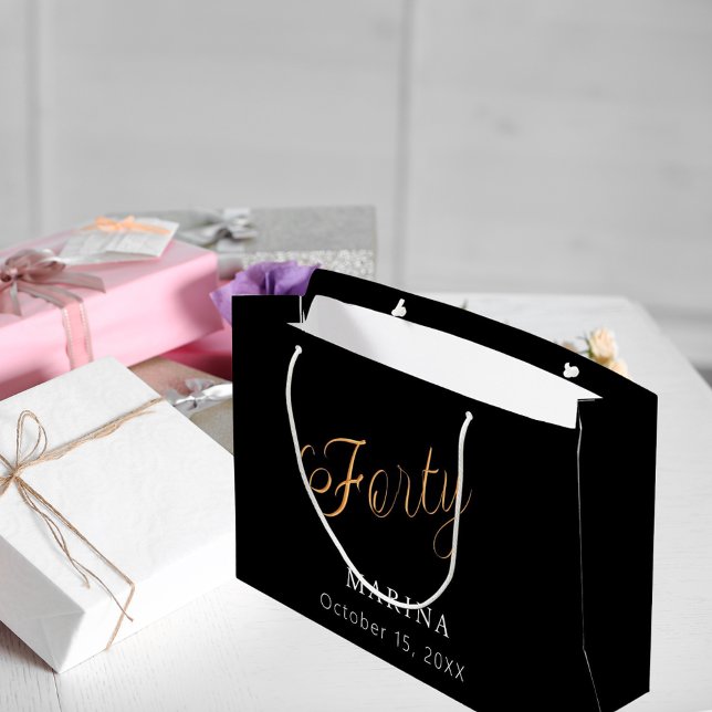 Black gold name script 40th birthday large gift bag (Creator Uploaded)