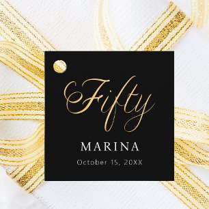 Black gold name script 50th birthday favor tags