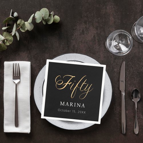 Black gold name script 50th birthday napkins