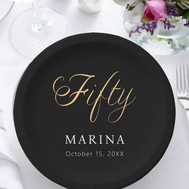 Black gold name script 50th birthday paper plates (Creator Uploaded)