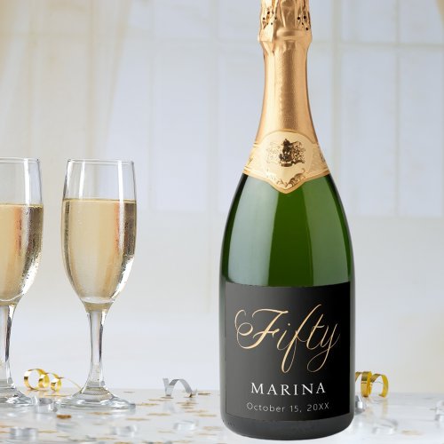 Black gold name script 50th birthday sparkling wine label