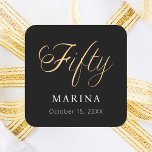 Black gold name script 50th birthday square sticker<br><div class="desc">Fifty written with a faux gold script.  Personalize and add a name and date.  White text.</div>