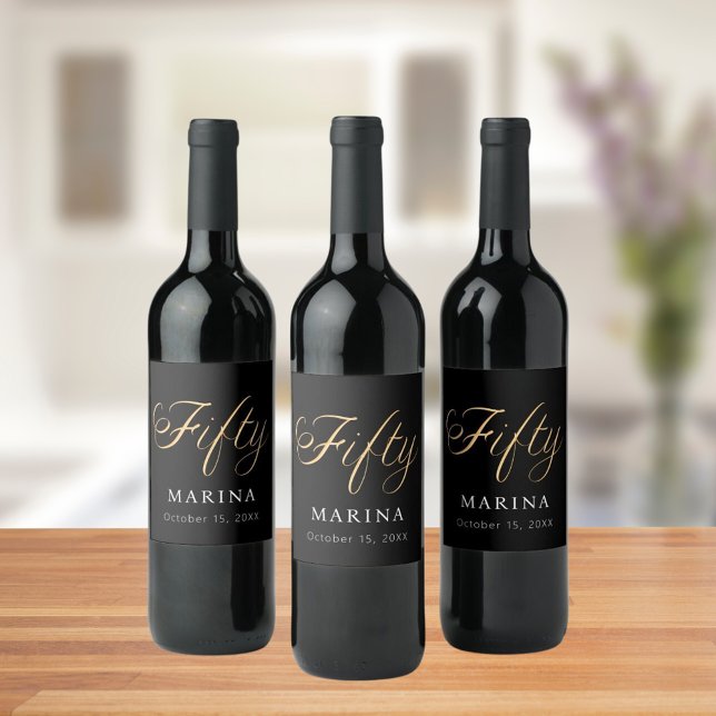 Black gold name script 50th birthday wine label (Creator Uploaded)