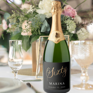 Black gold name script 60th birthday sparkling wine label