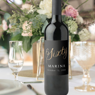 Black gold name script 60th birthday wine label