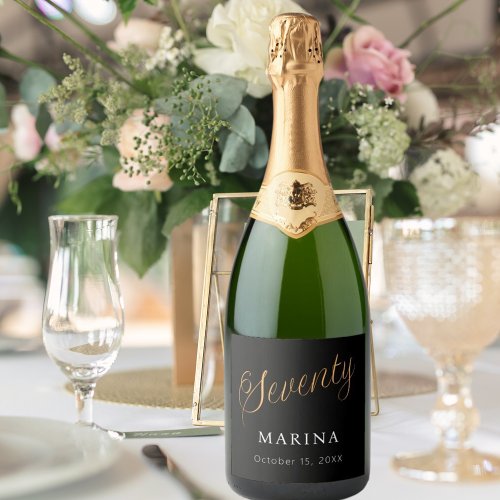 Black gold name script 70th birthday sparkling wine label