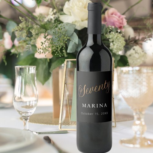 Black gold name script 70th birthday wine label