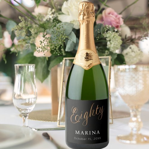 Black gold name script 80th birthday sparkling wine label