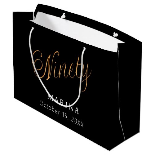 Black gold name script 90th birthday large gift bag