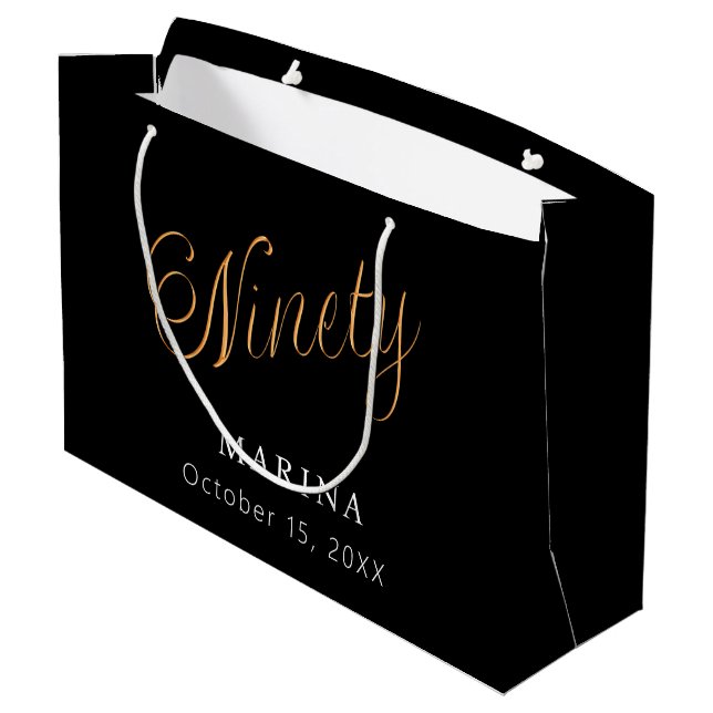 Black gold name script 90th birthday large gift bag (Back Angled)