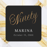 Black gold name script 90th birthday square sticker<br><div class="desc">Black background. Ninety is written with a faux gold script.  Personalize and add a name and date.  White text.</div>