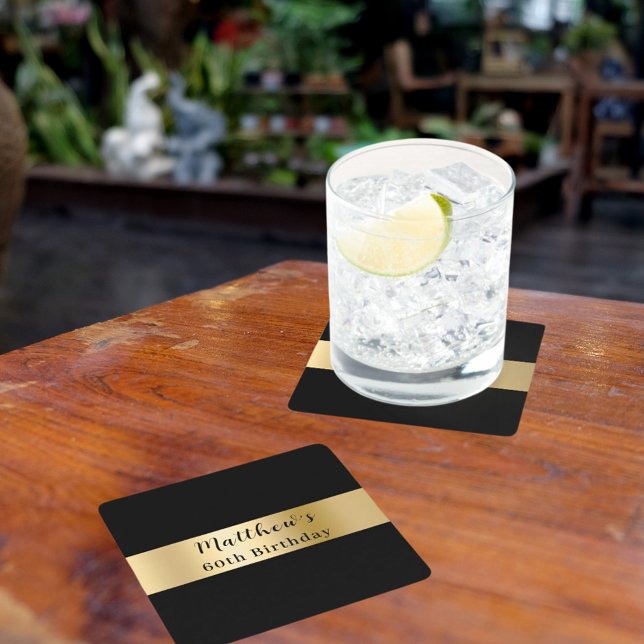 Black gold name script birthday square paper coaster (Creator Uploaded)