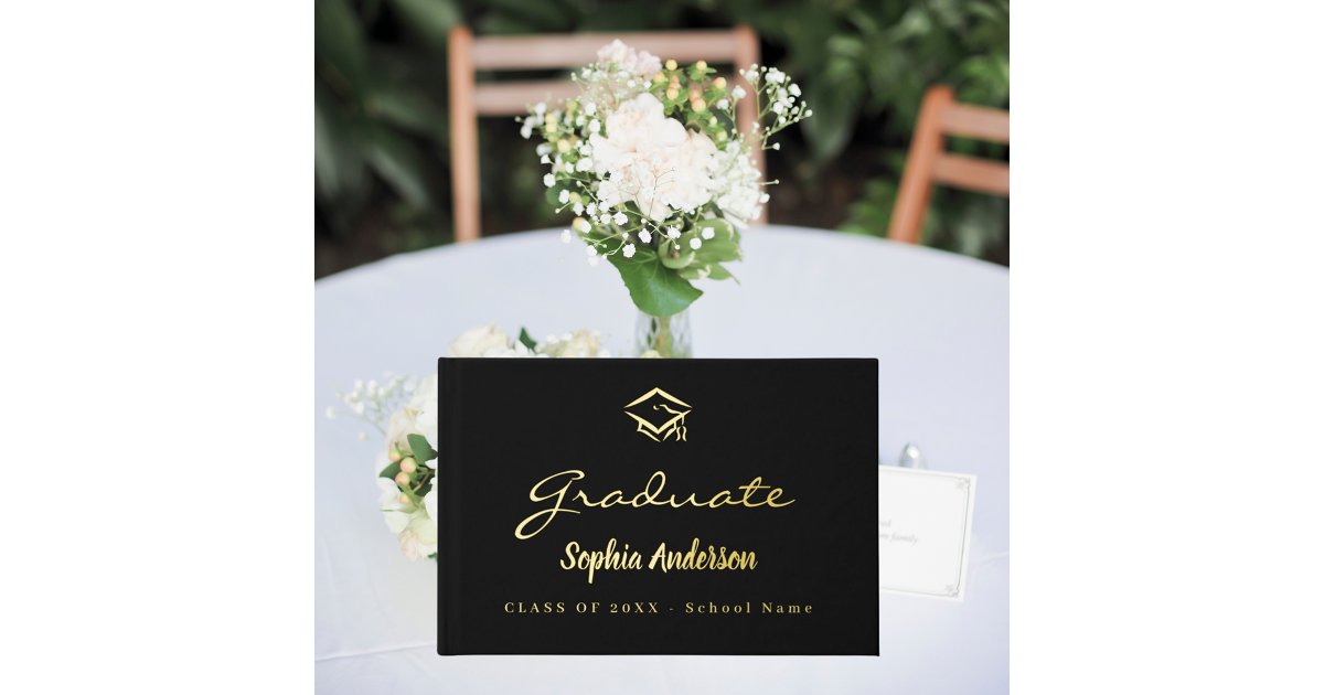 Black gold name script cap Graduation Foil Guest Book | Zazzle