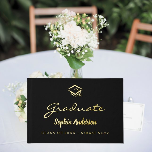 Black gold name script cap Graduation Foil Guest Book (Creator Uploaded)