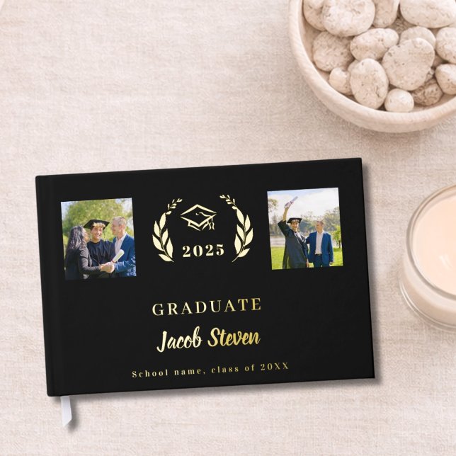 Black gold name script photo Graduation Foil Guest Book (Creator Uploaded)