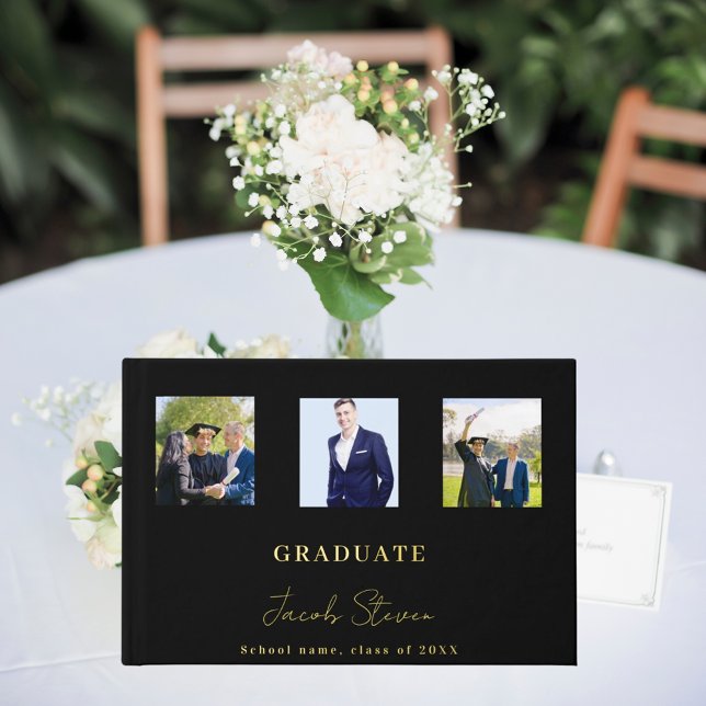 Black gold name script photo Graduation Foil Guest Book (Creator Uploaded)