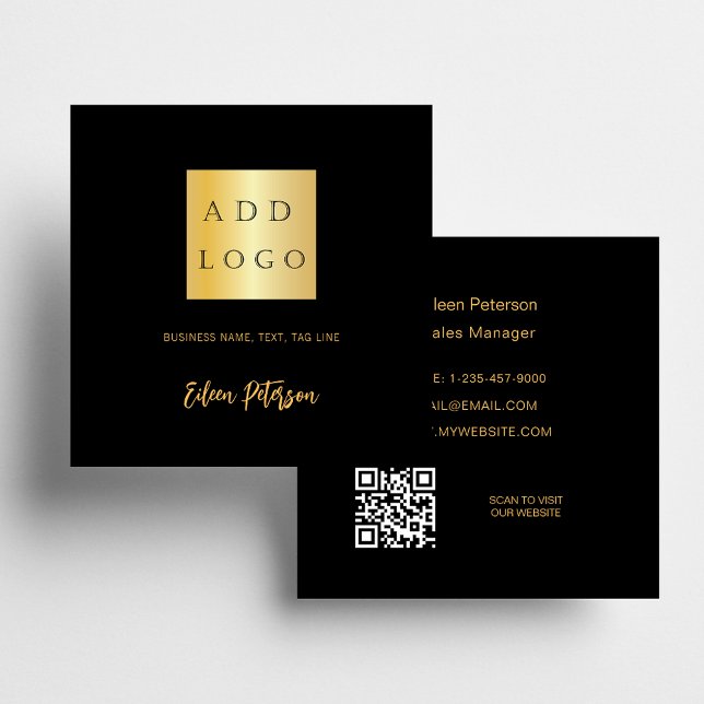Black gold name signature Qr code logo Square Business Card (Creator Uploaded)