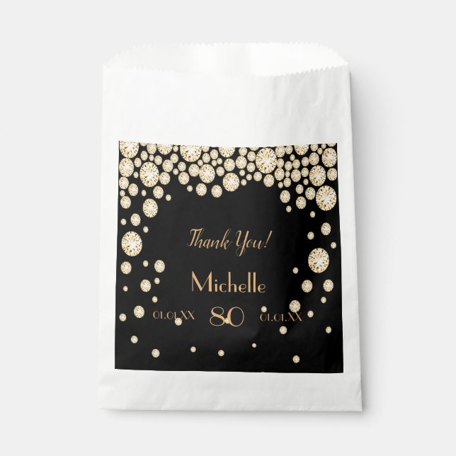 Black gold name thank you 80th birthday favor bag (Front)