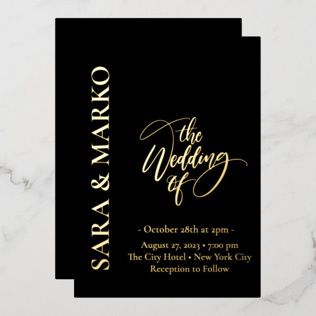 Black-gold NAMES Simple Wedding Foil Invitation (Front/Back)