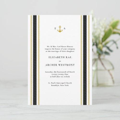 Black Gold Nautical Stripes Coastal Wedding Invitation