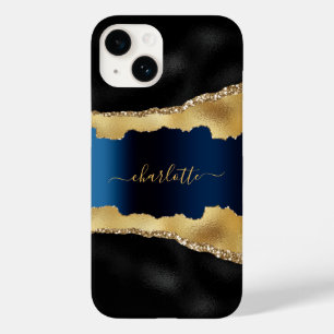 Black gold navy blue agate marble name script Case-Mate iPhone 14 case